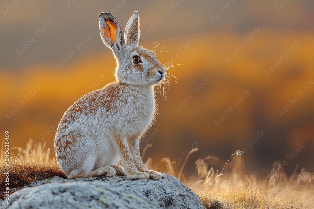 Fototapeta premium Serene Rabbit in Golden Meadow Tranquil Nature Scene with Blurred Forest Background