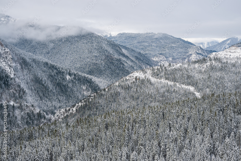 Winter landscape with snow in Thessaly, Greece