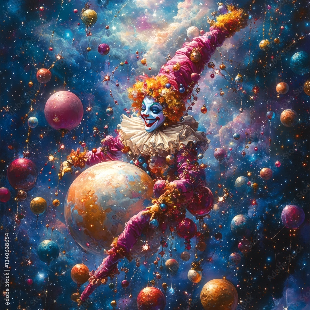 Cosmic jester perched on a glowing sphere enveloped in floating planets shiny bubbles and dangling ornaments A vibrant backdrop of deep blues and pinks with constellations scattered across space Cosmic jester perched on a glowing sphere enveloped in floating planets shiny bubbles and dangling ornaments A vibrant backdrop of deep blues and pinks with constellations scattered across space