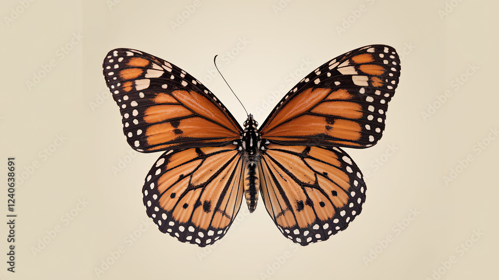 Fototapeta premium Vibrant Colorful Butterfly Isolated on White Background with Delicate Wings, Intricate Patterns, Symmetrical Design, High-Resolution Close-Up, Nature-Inspired Beauty