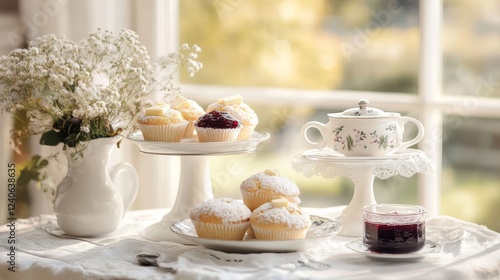Wallpaper Mural Sweet Cupcakes and Tea on White Table Setting Torontodigital.ca