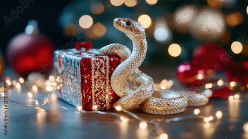 A golden snake entwines around a festive gift, amid twinkling New Year's lights, emitting an aura of mystery and celebration for 