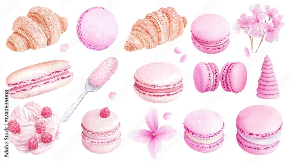 Obraz premium French Bakery Delights, an enchanting collection featuring watercolor illustrations of baguettes, croissants, and macarons, perfect for culinary-themed designs and projects.