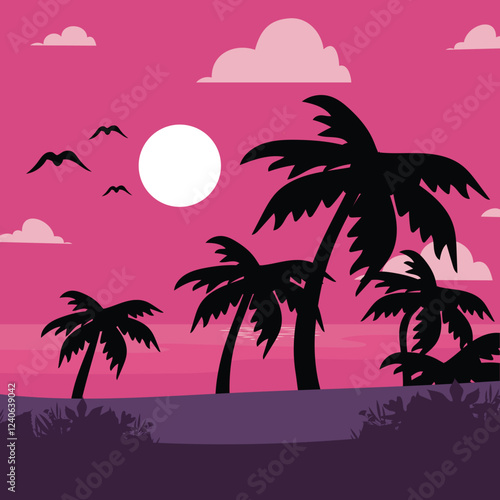 Meadow with grass, pond, conifers and hills on horizon at night. Vector illustration of summer landscape of field or pasture with plants, lake, full moon and stars in dark sky