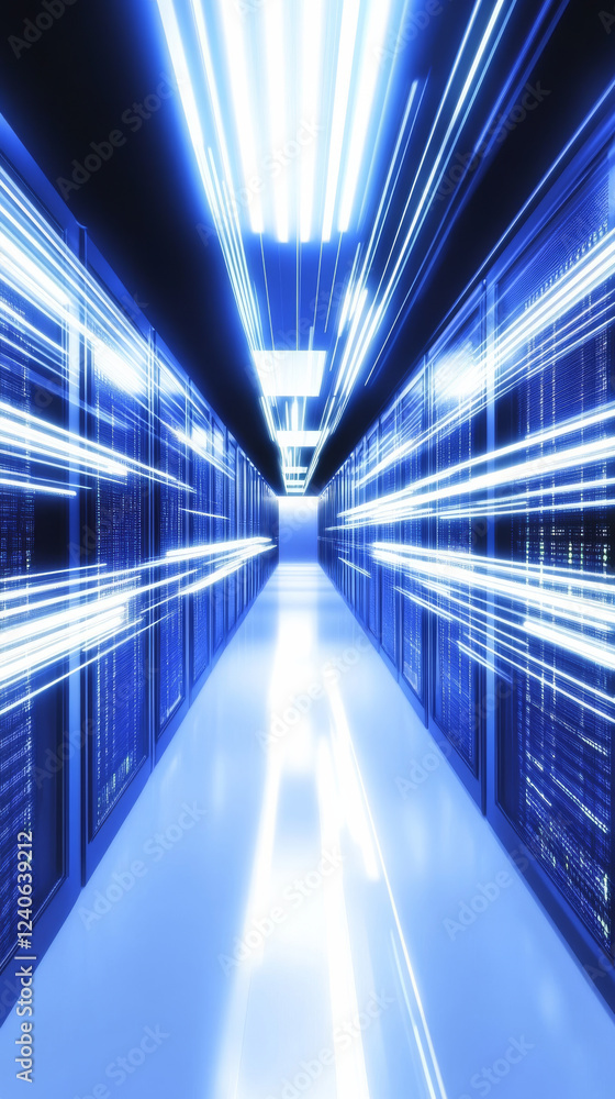 Obraz premium Futuristic data center corridor with glowing blue lights