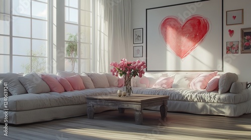 A well-lit living room is decorated for Valentine's Day. The room is spacious and airy, with large windows that let in plenty of natural light. The walls are painted a soft white, photo