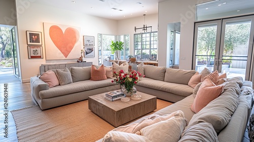 A well-lit living room is decorated for Valentine's Day. The room is spacious and airy, with large windows that let in plenty of natural light. The walls are painted a soft white, photo