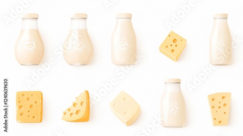 Fresh Farm Dairy Clipart, vibrant watercolor depiction of milk bottles, cheese wedges, butter, isolated on white background, ideal for culinary projects and farm-themed designs photo