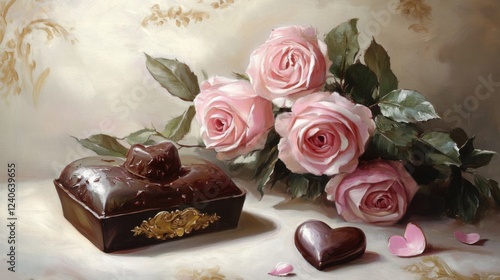Sweet Indulgence: A Romantic Gift of Soft Pink Roses and a Delectable Chocolate Heart, Beautifully Presented in a Heart-Shaped Box, Sure to Delight Your Sweetheart on Valentine's Day or Any Special Da