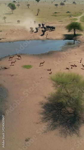 Wallpaper Mural Elephants and Impalas Gather at a Watering Hole in the African Savanna Torontodigital.ca