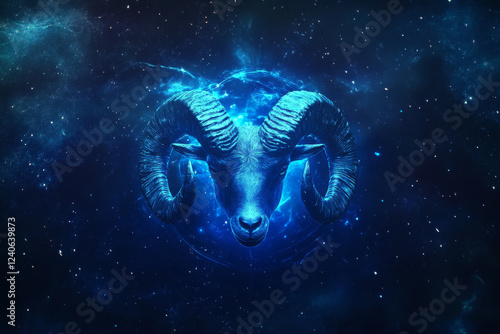 Aries zodiac sign in cosmic fantasy style with glowing blue elements