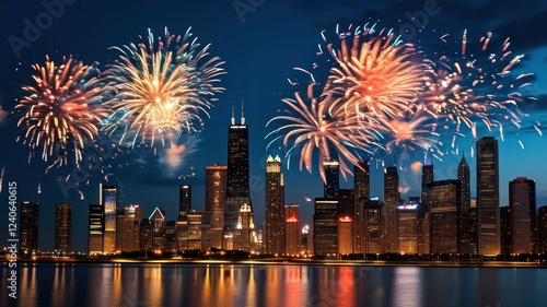 Colorful fireworks illuminate a city skyline at night