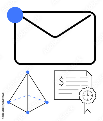 Enveloped message with notification, geometric pyramid structure, financial document with a clock ribbon. Ideal for communication, geometry, finance, education, notification alerts, time management