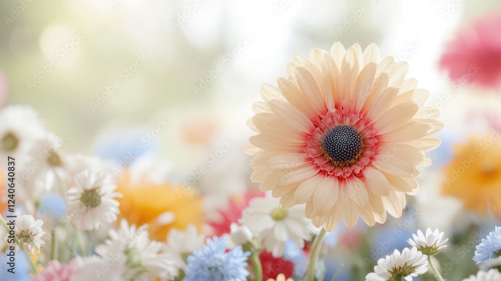 Peach gerbera daisy blooms closeup, spring garden bokeh background, floral greeting card design Peach gerbera daisy blooms closeup, spring garden bokeh background, floral greeting card design