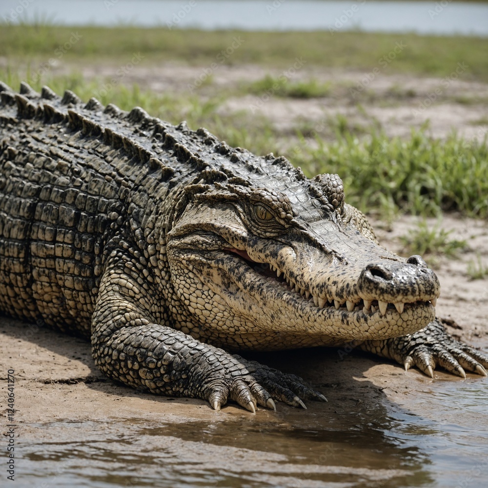 A crocodile with its back arched slightly, showcasing rugged scales, against white. A crocodile with its back arched slightly, showcasing rugged scales, against white.