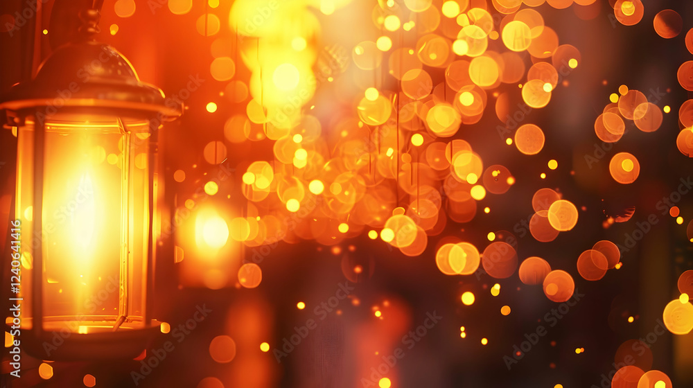 Glowing lantern surrounded by a warm bokeh of lights, creating a cozy atmosphere at dusk Glowing lantern surrounded by a warm bokeh of lights, creating a cozy atmosphere at dusk