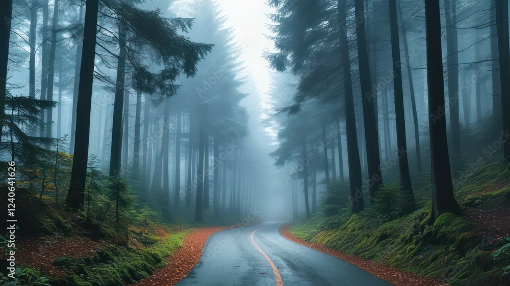 Obraz premium Misty forest road surrounded by tall trees and soft foliage