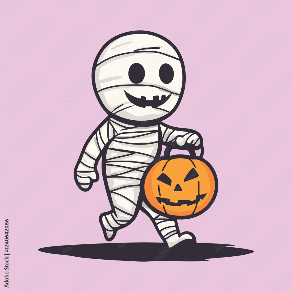 Friendly cartoon mummy wrapping a pumpkin in Halloween vector illustration Friendly cartoon mummy wrapping a pumpkin in Halloween vector illustration