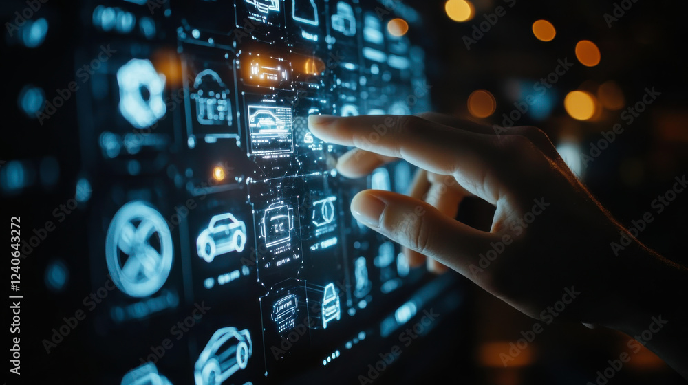 Hand interacting with digital interface displaying various vehicle icons and data in a modern environment Hand interacting with digital interface displaying various vehicle icons and data in a modern environment