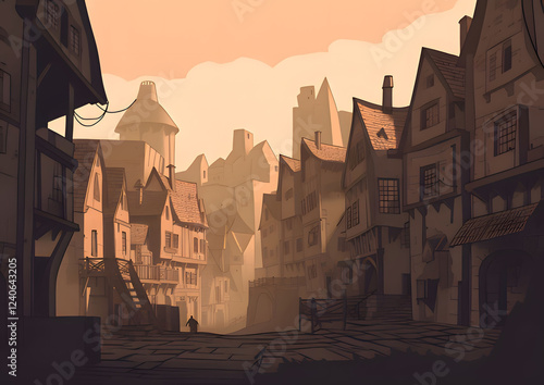 Exploring a quaint village with cobblestone streets and historic houses during a golden hour sunset. Generative AI photo