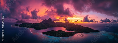 The sun sets over a tropical island in the Pacific - Fiji, Tavewa, Yasawa Islands. photo