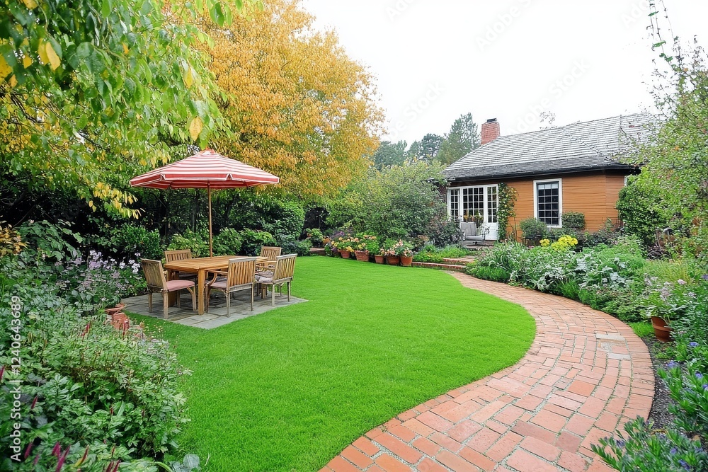 Beautiful backyard garden with wooden table and chairs, red-striped umbrella, brick pavers, green grass, flowers, and bushes in a peaceful outdoor setting. Beautiful backyard garden with wooden table and chairs, red-striped umbrella, brick pavers, green grass, flowers, and bushes in a peaceful outdoor setting.