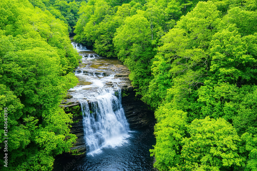 Serene waterfall cascading through vibrant green forest in a mountainous area during daytime Serene waterfall cascading through vibrant green forest in a mountainous area during daytime