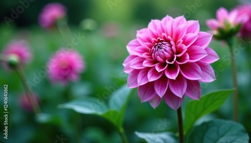 A majestic dahlia flower amidst a sea of lush green foliage with soft purplish hues, blue, garden decor
