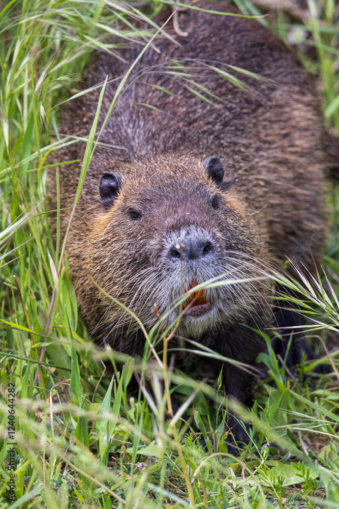 Nutria or Coypu (Myocastor coypus) in Ornithological park of Pont de Gau in Camargue regional national park in Saintes Maries de la Mer in France Nutria or Coypu (Myocastor coypus) in Ornithological park of Pont de Gau in Camargue regional national park in Saintes Maries de la Mer in France