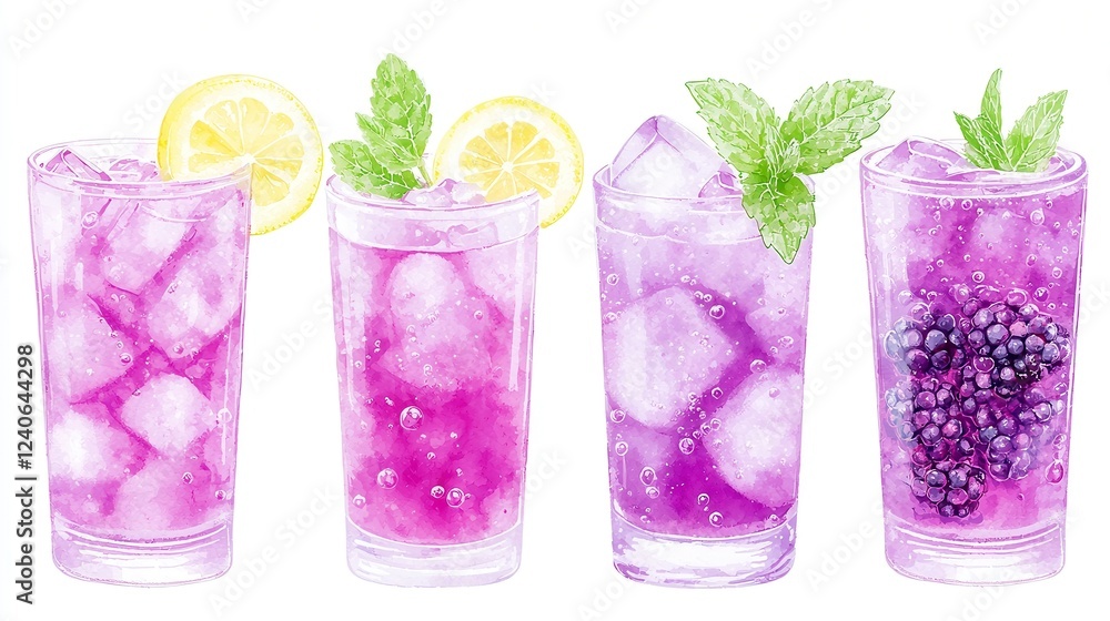 Iced Tea Delight, vibrant watercolor illustrations of iced tea glasses adorned with lemon slices and mint, perfect for summer menus, featuring a refreshing and cool aesthetic. Iced Tea Delight, vibrant watercolor illustrations of iced tea glasses adorned with lemon slices and mint, perfect for summer menus, featuring a refreshing and cool aesthetic.