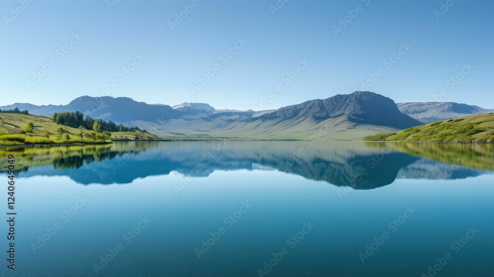Serene mountain landscape reflected in a calm lake under clear skies