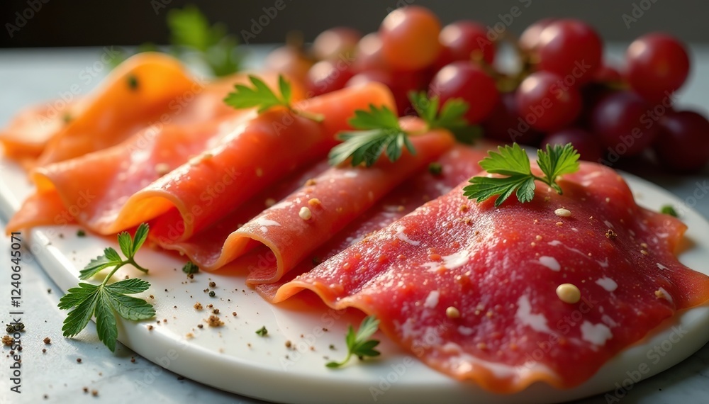 An assortment of cured meats on a marble surface, garnishes, grapes An assortment of cured meats on a marble surface, garnishes, grapes