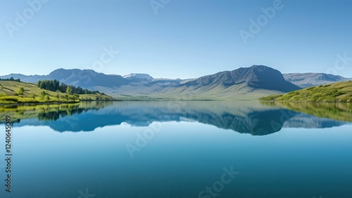 Serene mountain landscape reflected in a calm lake under clear skies