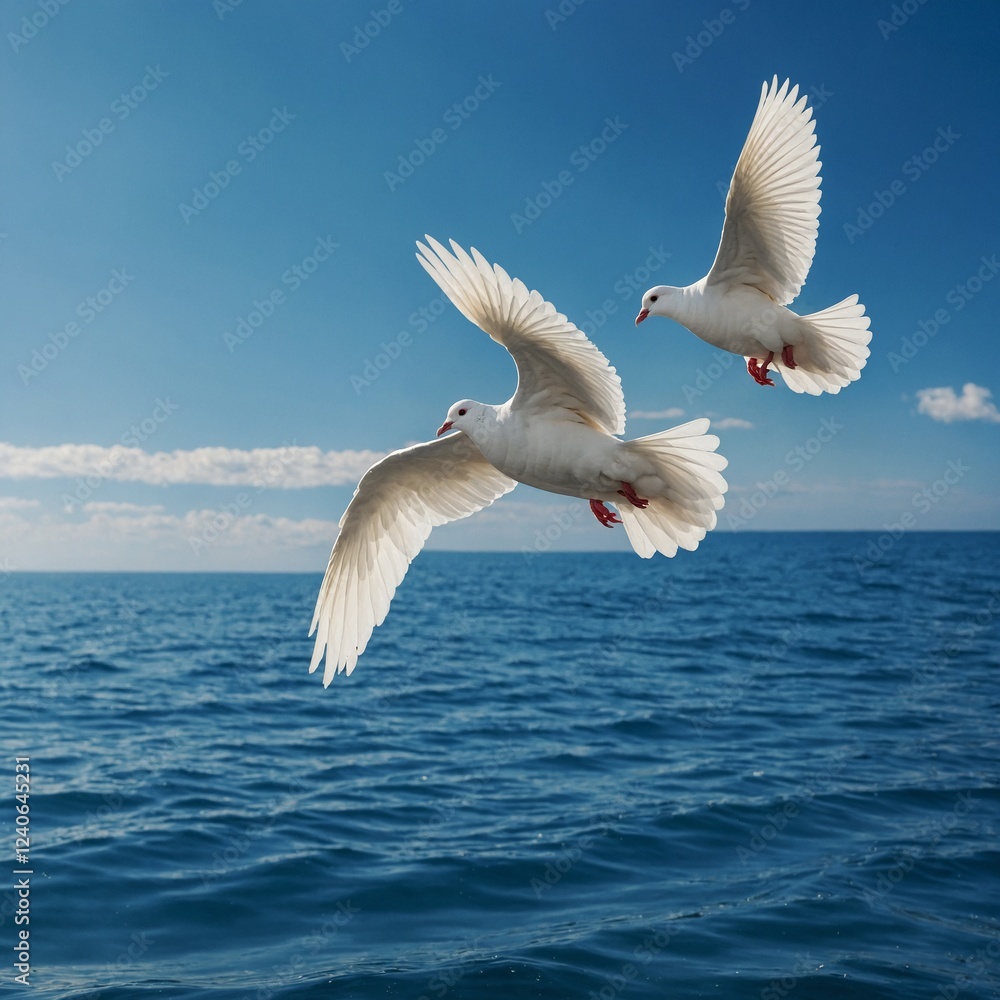 Fototapeta premium A pair of white doves flying over a peaceful blue ocean.