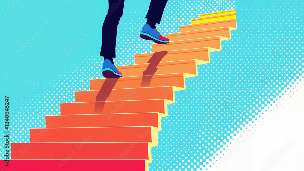 Climbing Career Ladder Steps Success Concept With Person Walking Up Stairs for business growth, career development, achievement, progress. Climbing Career Ladder Steps Success Concept With Person Walking Up Stairs for business growth, career development, achievement, progress.