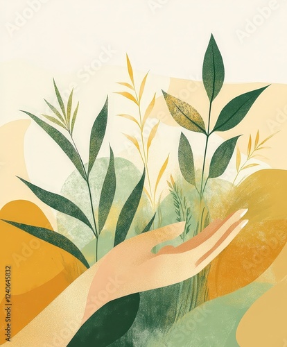 Abstract Hand Holding Green Leaves with Earthy Tones Background
