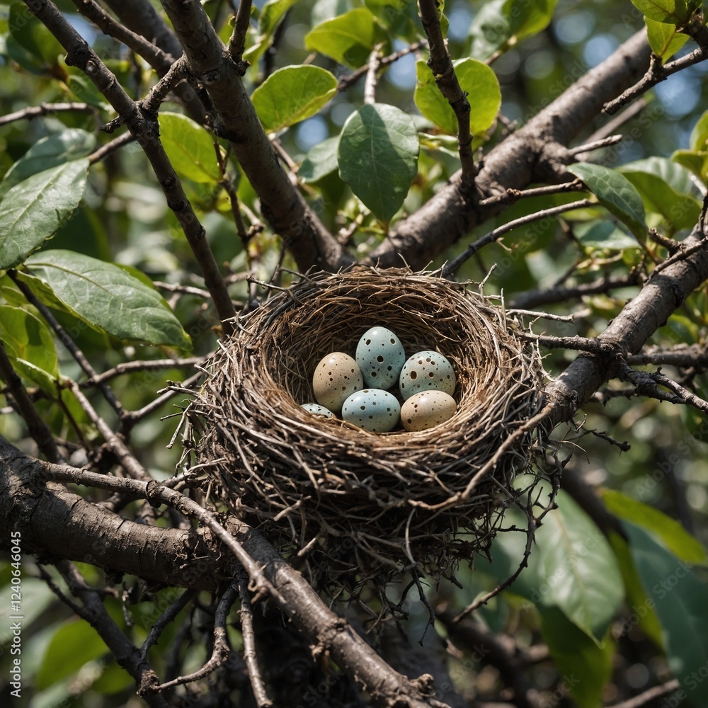 A bird's nest with tiny eggs nestled safely in the crook of a tree branch. A bird's nest with tiny eggs nestled safely in the crook of a tree branch.