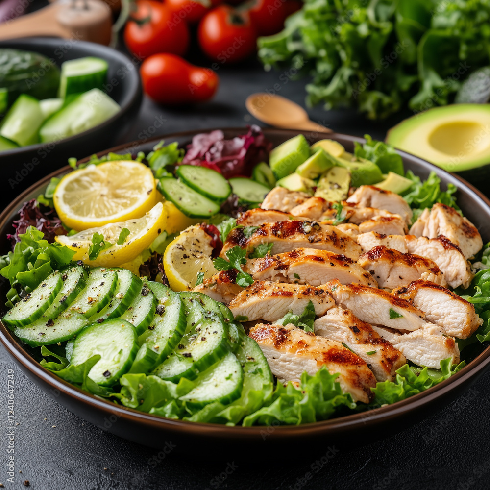 Healthy Grilled Chicken Salad with Avocado, Cucumber, and Fresh Greens Healthy Grilled Chicken Salad with Avocado, Cucumber, and Fresh Greens