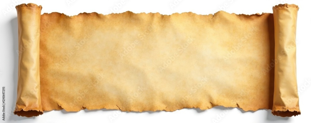 Aged paper scrolls, parchment pieces, isolated on white background, isolated background, yellowed paper Aged paper scrolls, parchment pieces, isolated on white background, isolated background, yellowed paper