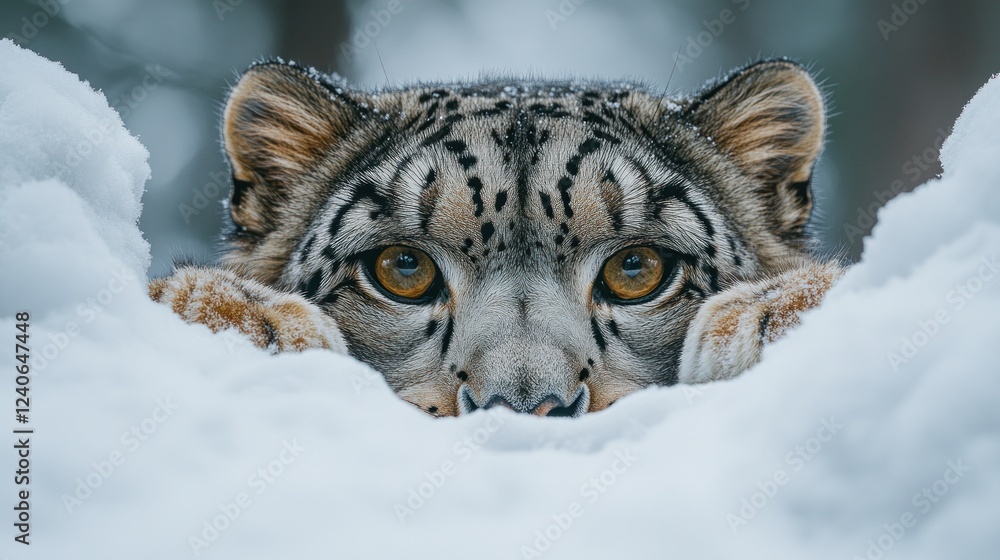 Fototapeta premium Snow Leopard Peeking Snow Winter Wildlife Portrait