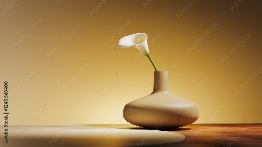 A single white calla lily in a beige vase on a wooden surface, illuminated by warm light. A single white calla lily in a beige vase on a wooden surface, illuminated by warm light.