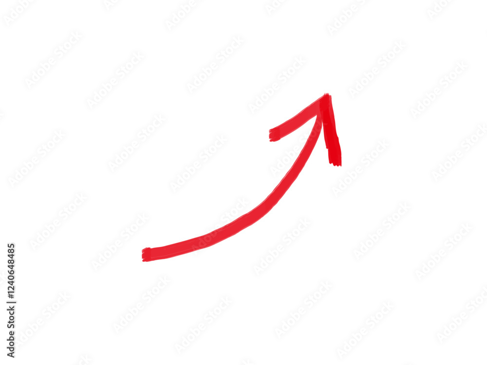 Red arrow rising to the right. Watercolor illustration. Red arrow rising to the right. Watercolor illustration.