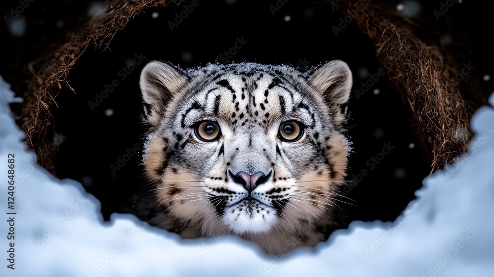 Obraz premium Snow Leopard, Winter Cave, Snowfall, Portrait