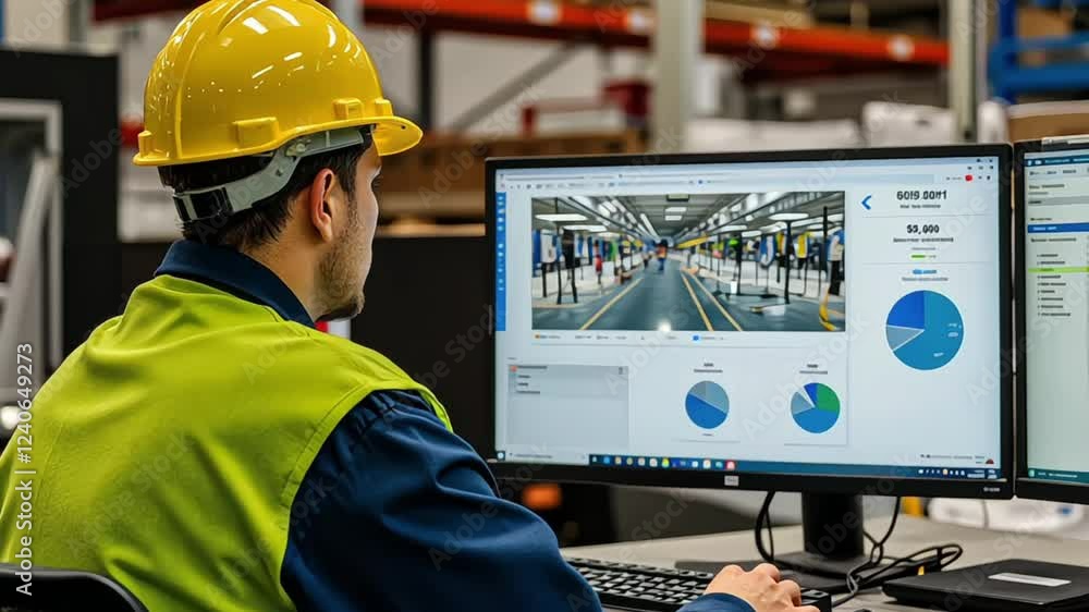 A smart warehouse manager analyzes data on a computer dashboard, monitoring key performance indicators and optimizing logistics operations A smart warehouse manager analyzes data on a computer dashboard, monitoring key performance indicators and optimizing logistics operations