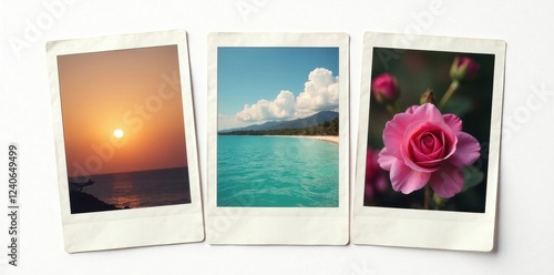 Overlapping old and new polaroid photo frames, white background , image, aesthetic