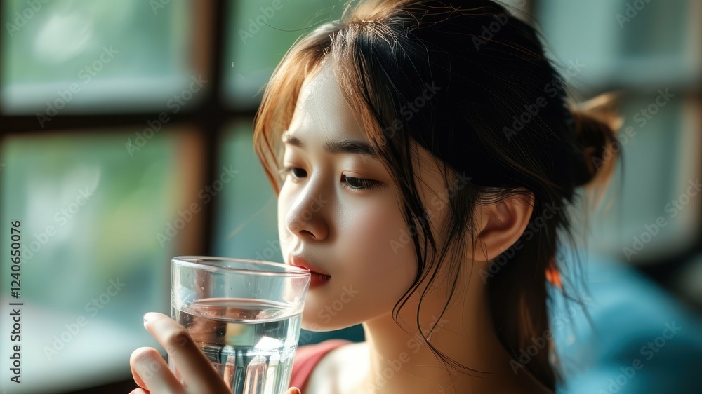 A serene woman gazes thoughtfully at a glass of water