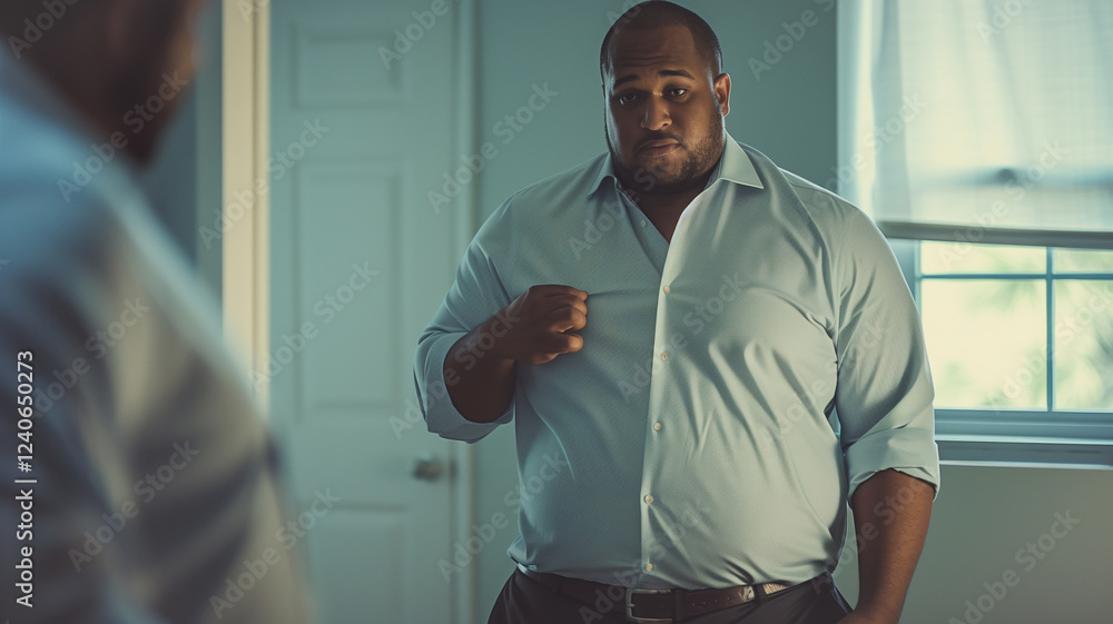 Obraz premium This man stands in front of a mirror adjusting his shirt, appearing concerned about the fit.