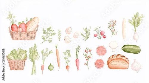 Charming Rustic Farmers Market, vibrant watercolor illustration featuring fresh vegetables, fruit baskets, artisanal bread, ideal for culinary themes and local produce promotions photo