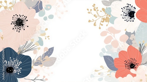 A modern floral design template featuring abstract blooms in soft pastel colors, with plenty of white space for text, creating a fresh and elegant look ideal for invitations or branding.