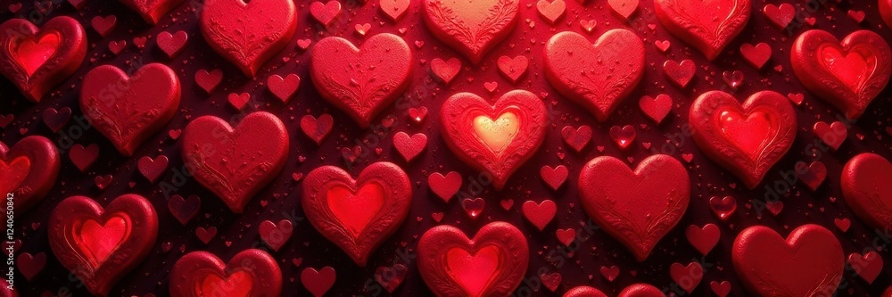 Obraz premium Intricate repeating heart pattern, deep red hues, love, vibrant